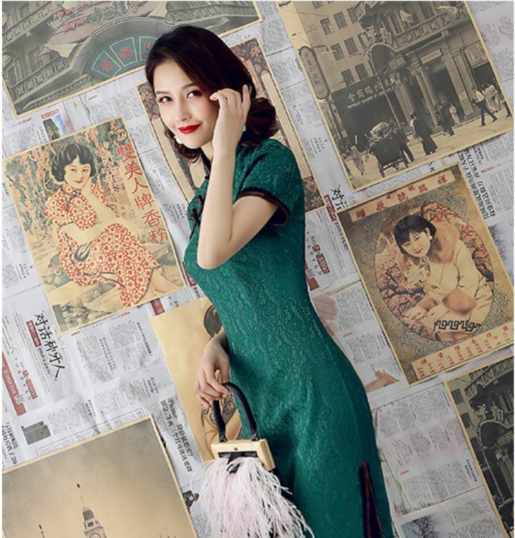 New Luxurious Royal Green Chinese Short Lace Dress Cheongsam Qipao lcdress83