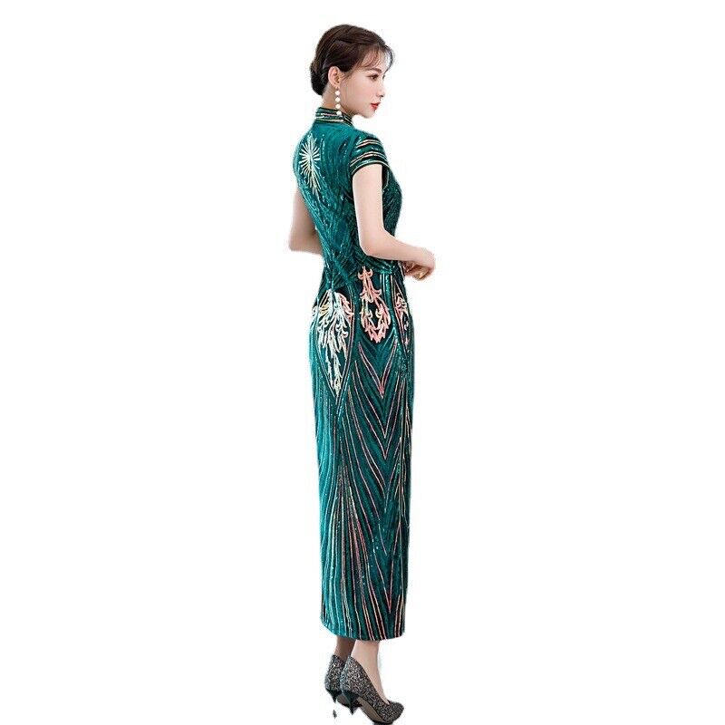 Luxurious Chinese Emerald Green and Gold Sequin Long Dress Cheongsam Qipao