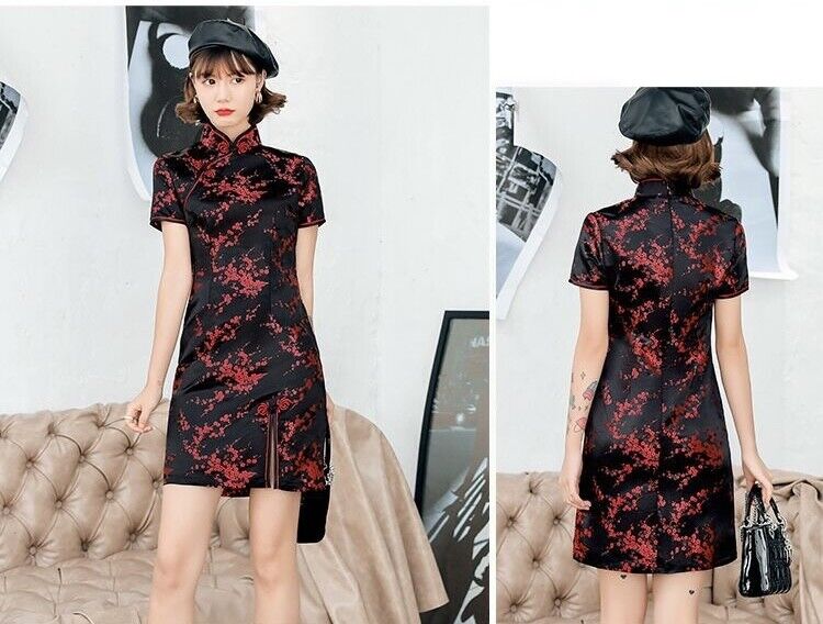 Chinese Red Cherry Blossom Black Short Dress Cheongsam Qipao lcdress215