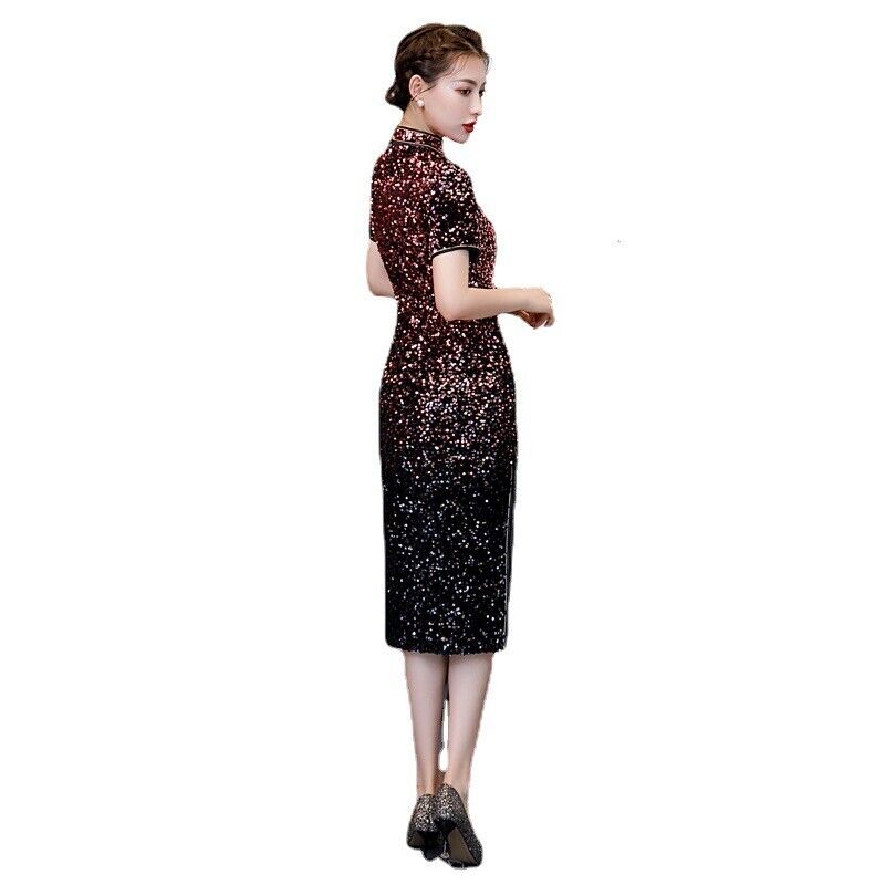 Luxurious Chinese Purple And Gold Sequin Short Cheongsam Qipao Dress