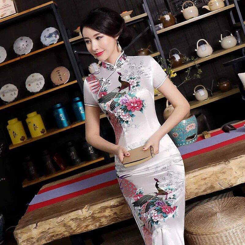 New Luxurious White Satin Phoenix Chinese Long Dress Cheongsam Qipao lcdress52