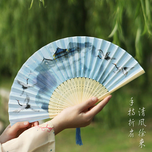 Chinese Water Paint Blue Flying Cranes Heaven Palace Wooden Hand Fan ccfan216