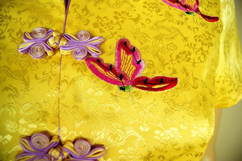 New Royal Yellow Traditional Chinese Oriental Satin Peony Flower Top Cheongsam